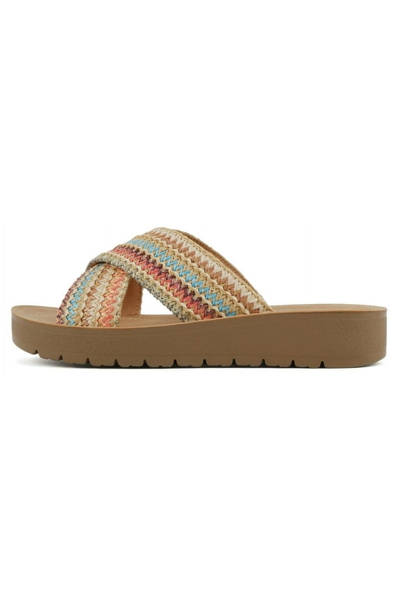 Shoes Women Sandals Crisscross Strap Band Flatform Platform LUCY-S Multi Color Raffia Colorful 6.5