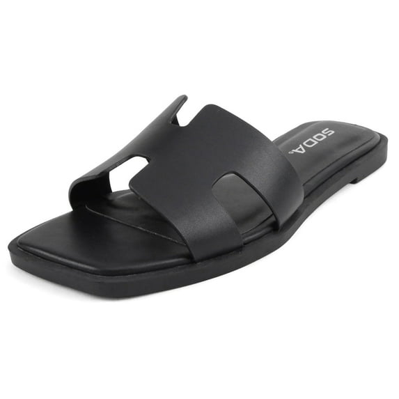 Soda Shoes Women Slip-On Cushioned Sandals H-Band Flat Flip-Flops Slides Square Toe KNIT-S All Black PU 6.5