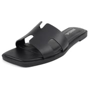 Soda Shoes Women Slip-On Cushioned Sandals H-Band Flat Flip-Flops Slides Square Toe KNIT-S All Black PU 8.5
