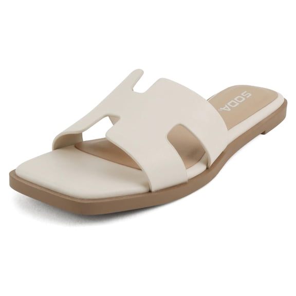 Soda Shoes Women Slip-On Cushioned Sandals H-Band Flat Flip-Flops Slides Square Toe KNIT-S Beige Cream Bone 6