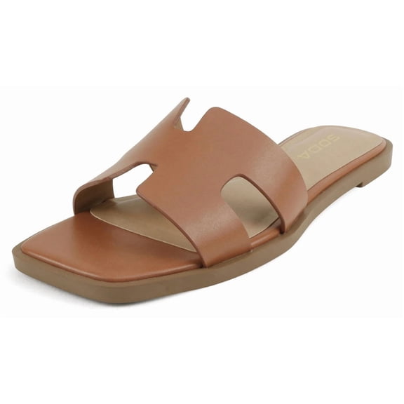 Soda Shoes Women Slip-On Cushioned Sandals H-Band Flat Flip-Flops Slides Square Toe KNIT-S Brown Cognac Tan 6