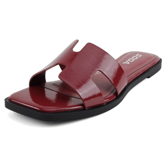 Soda Shoes Women Slip-On Cushioned Sandals H-Band Flat Flip-Flops Slides Square Toe KNIT-S Cherry Red Burgundy 8.5