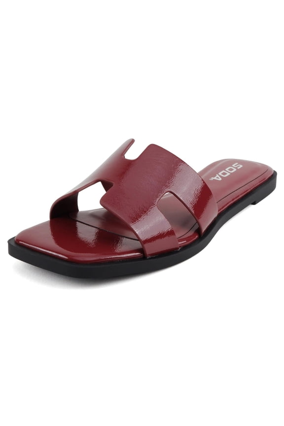 Shoes Women Slip-On Cushioned Sandals H-Band Flat Flip-Flops Slides Square Toe KNIT-S Cherry Red Burgundy 8