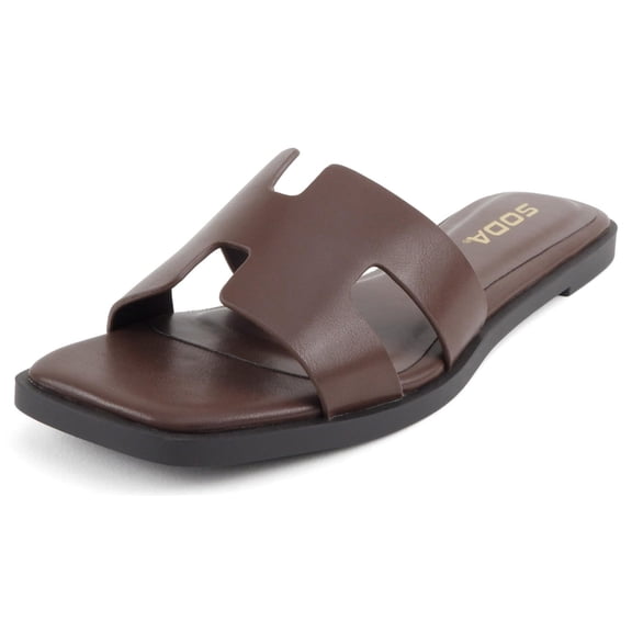 Soda Shoes Women Slip-On Cushioned Sandals H-Band Flat Flip-Flops Slides Square Toe KNIT-S Dark Brown 7