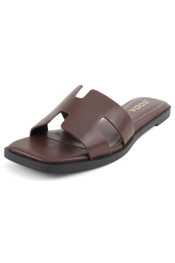 Shoes Women Slip-On Cushioned Sandals H-Band Flat Flip-Flops Slides Square Toe KNIT-S Dark Brown 8