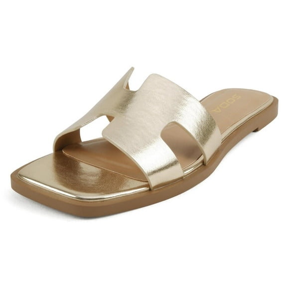 Soda Shoes Women Slip-On Cushioned Sandals H-Band Flat Flip-Flops Slides Square Toe KNIT-S Gold 8.5