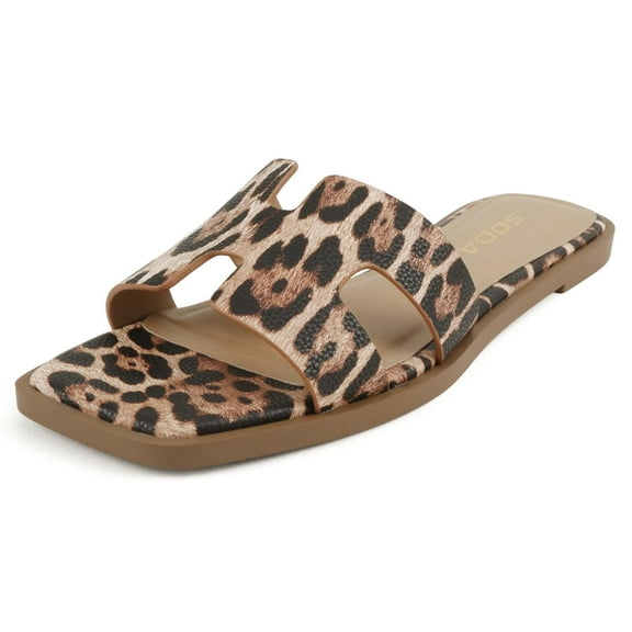 Soda Shoes Women Slip-On Cushioned Sandals H-Band Flat Flip-Flops Slides Square Toe KNIT-S Leopard Cheetah Print 6