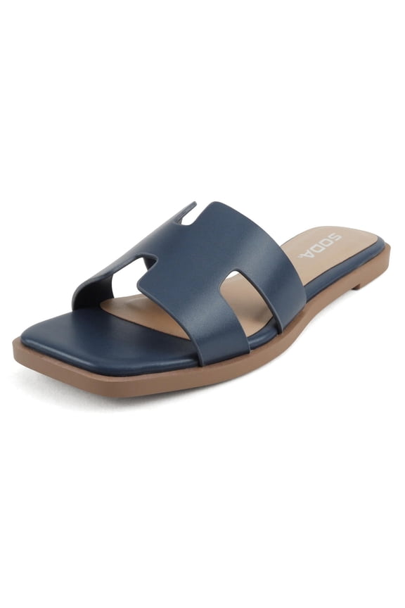 Shoes Women Slip-On Cushioned Sandals H-Band Flat Flip-Flops Slides Square Toe KNIT-S Navy Blue 5.5