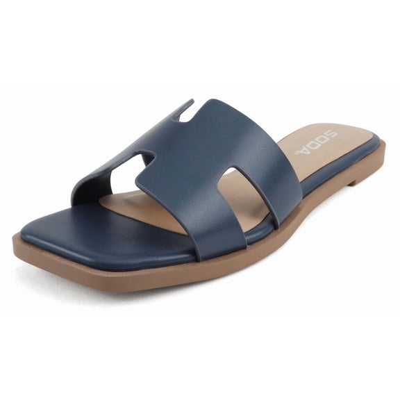 Soda Shoes Women Slip-On Cushioned Sandals H-Band Flat Flip-Flops Slides Square Toe KNIT-S Navy Blue 5.5