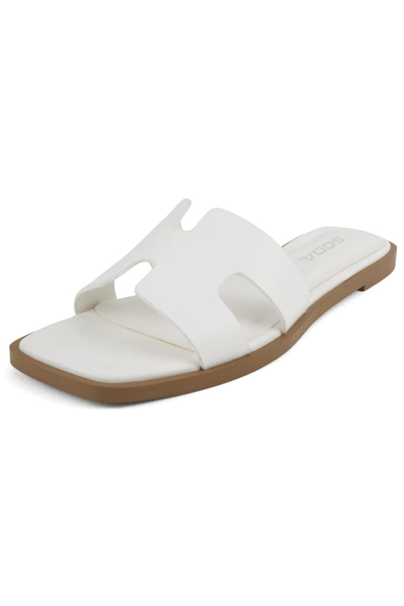 Shoes Women Slip-On Cushioned Sandals H-Band Flat Flip-Flops Slides Square Toe KNIT-S White 7.5