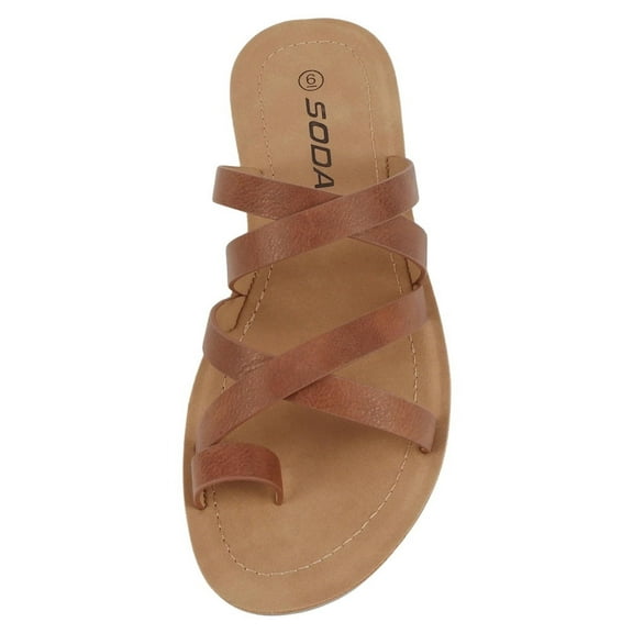 Soda Shoes Women Slip-On Sandals Crisscross Multi Straps Band Ring Toe Flat Flip-Flops Slides ISABEL-S Cognac Brown 9