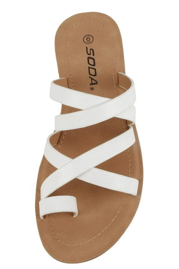 Shoes Women Slip-On Sandals Crisscross Multi Straps Band Ring Toe Flat Flip-Flops Slides ISABEL-S White PU 8.5