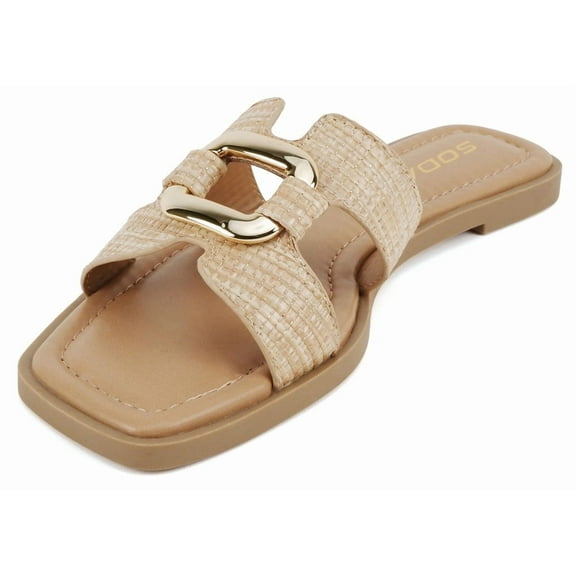 Soda Shoes Women Slip-On Sandals H-Band Flat Flip-Flops Slides Gold Buckle Square Toe FENG-S Beige Natural Raffia 8.5