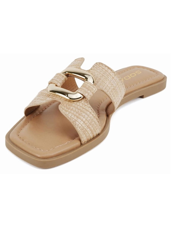 Shoes Women Slip-On Sandals H-Band Flat Flip-Flops Slides Gold Buckle Square Toe FENG-S Beige Natural Raffia 8