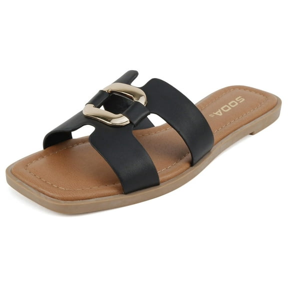Soda Shoes Women Slip-On Sandals H-Band Flat Flip-Flops Slides Gold Buckle Square Toe FENG-S Black PU 6.5