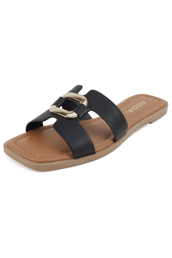 Shoes Women Slip-On Sandals H-Band Flat Flip-Flops Slides Gold Buckle Square Toe FENG-S Black PU 6.5