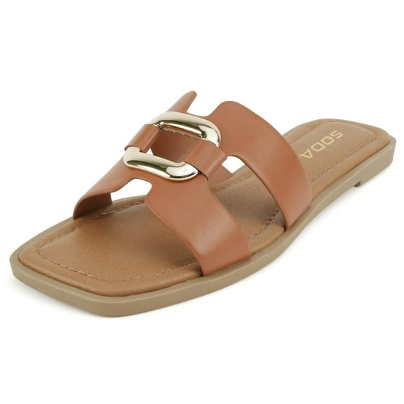 Soda Shoes Women Slip-On Sandals H-Band Flat Flip-Flops Slides Gold Buckle Square Toe FENG-S Cognac Brown 8.5