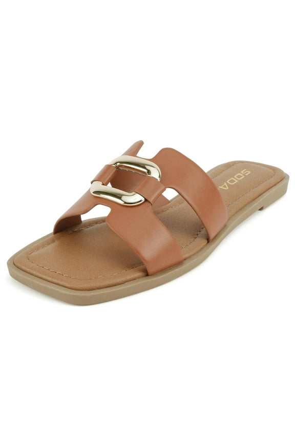 Shoes Women Slip-On Sandals H-Band Flat Flip-Flops Slides Gold Buckle Square Toe FENG-S Cognac Brown 8