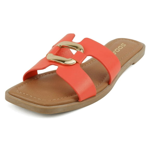 Soda Shoes Women Slip-On Sandals H-Band Flat Flip-Flops Slides Gold Buckle Square Toe FENG-S Orange 8