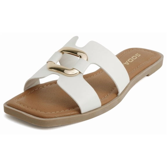 Soda Shoes Women Slip-On Sandals H-Band Flat Flip-Flops Slides Gold Buckle Square Toe FENG-S White 7