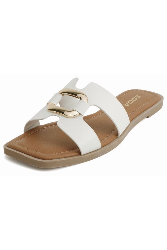 Shoes Women Slip-On Sandals H-Band Flat Flip-Flops Slides Gold Buckle Square Toe FENG-S White 8