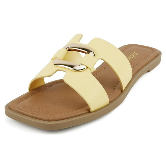 Soda Shoes Women Slip-On Sandals H-Band Flat Flip-Flops Slides Gold Buckle Square Toe FENG-S Yellow 5.5