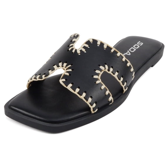 Soda Shoes Women Slip-On Sandals H-Band Flat Flip-Flops Slides Raffia Stitching Square Toe Finity-S Black PU 8.5