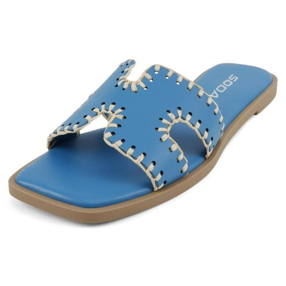 Soda Shoes Women Slip-On Sandals H-Band Flat Flip-Flops Slides Raffia Stitching Square Toe Finity-S Blue 6