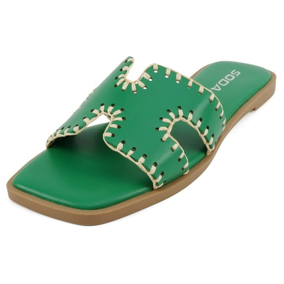 Soda Shoes Women Slip-On Sandals H-Band Flat Flip-Flops Slides Raffia Stitching Square Toe Finity-S Kelly Green 7.5