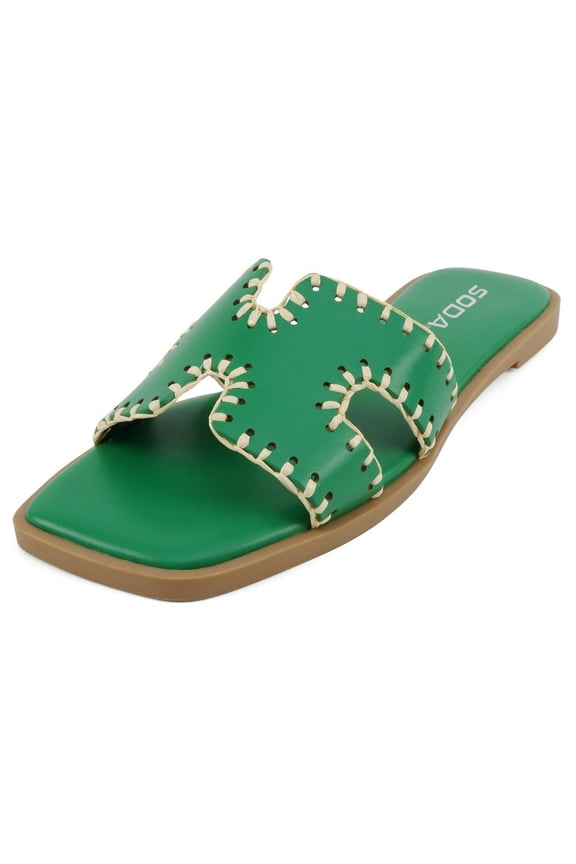 Shoes Women Slip-On Sandals H-Band Flat Flip-Flops Slides Raffia Stitching Square Toe Finity-S Kelly Green 8