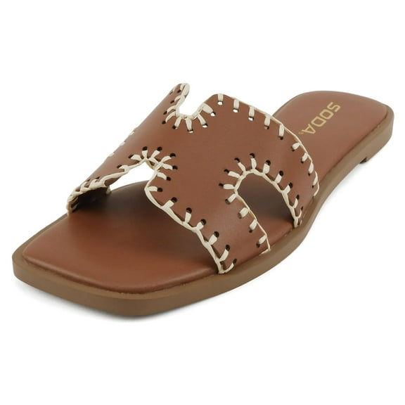 Soda Shoes Women Slip-On Sandals H-Band Flat Flip-Flops Slides Raffia Stitching Square Toe Finity-S Tan Brown 5.5