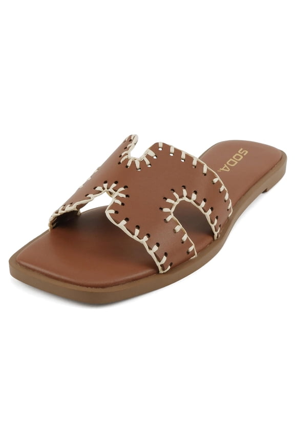 Shoes Women Slip-On Sandals H-Band Flat Flip-Flops Slides Raffia Stitching Square Toe Finity-S Tan Brown 7