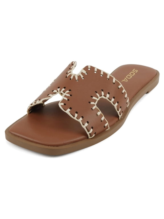 Shoes Women Slip-On Sandals H-Band Flat Flip-Flops Slides Raffia Stitching Square Toe Finity-S Tan Brown 8