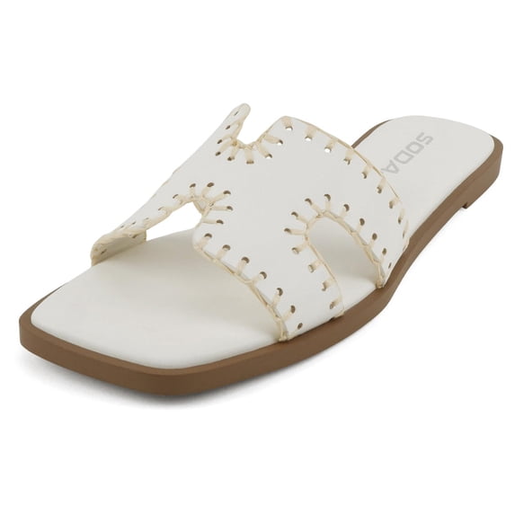 Soda Shoes Women Slip-On Sandals H-Band Flat Flip-Flops Slides Raffia Stitching Square Toe Finity-S White PU 6