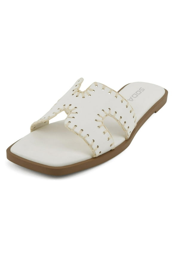 Shoes Women Slip-On Sandals H-Band Flat Flip-Flops Slides Raffia Stitching Square Toe Finity-S White PU 8