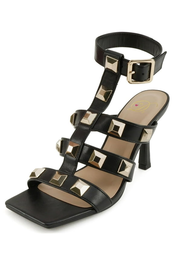 Shoes Women Stiletto High Heel Buckle Ankle Multi-Strap Open Square Toe Fisherman Studded Sandals Upton-S Black 7