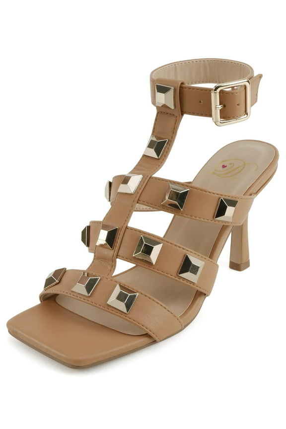 Shoes Women Stiletto High Heel Buckle Ankle Multi-Strap Open Square Toe Fisherman Studded Sandals Upton-S Tan Brown Camel 8