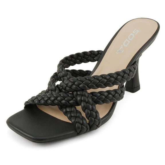 Soda Shoes Women Stiletto High Heeled Sandal Braided Multi Strap Square Open Toe KELLAN-S Black 9