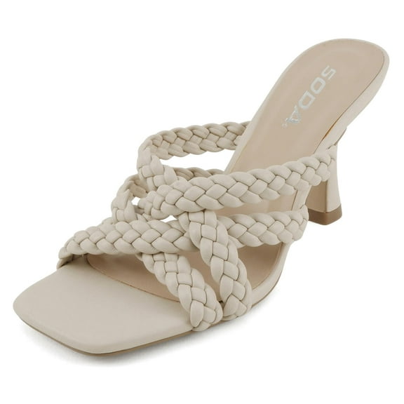 Soda Shoes Women Stiletto High Heeled Sandal Braided Multi Strap Square Open Toe KELLAN-S Off-White Ivory Bone 9