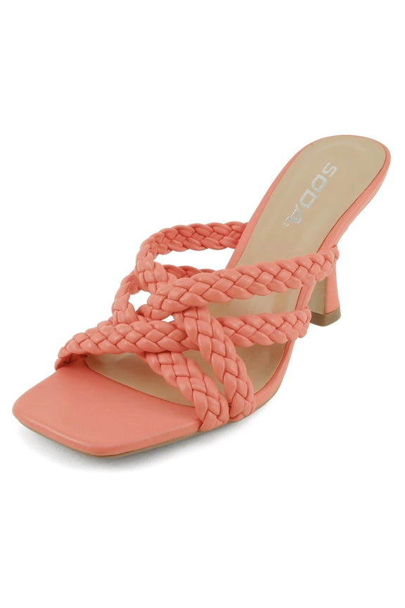 Shoes Women Stiletto High Heeled Sandal Braided Multi Strap Square Open Toe KELLAN-S Pink Orange Coral 7