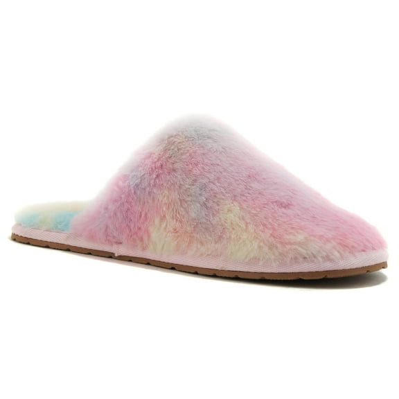 Soda Shoes Women Super Soft Faux Fur Fuzzy Fluffy Close Toe Slide in Slipper Colorful ALLOW Rainbow Pink-ish 5