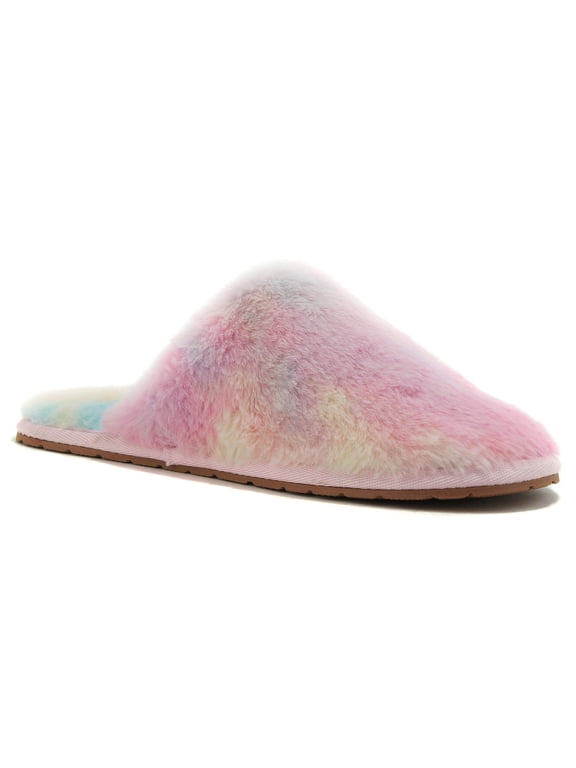 Shoes Women Super Soft Faux Fur Fuzzy Fluffy Close Toe Slide in Slipper Colorful ALLOW Rainbow Pink-ish 6