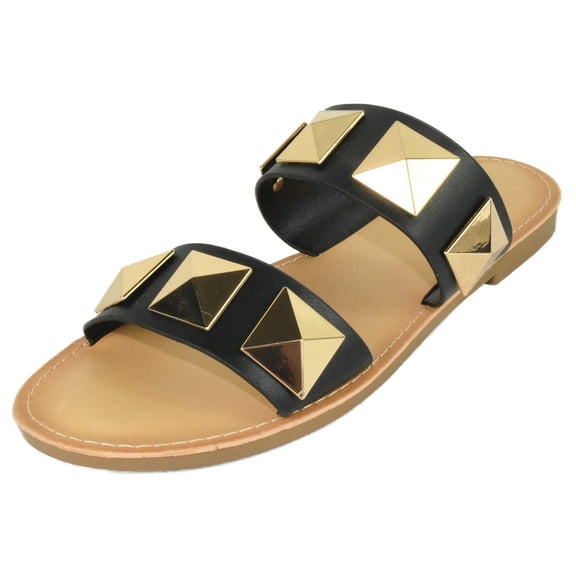 Soda Shoes Women's Sandals Double Strap Flip Flops Slides Large Gold Studded CETUS-S Black 6