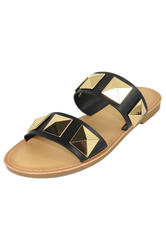 Shoes Women's Sandals Double Strap Flip Flops Slides Large Gold Studded CETUS-S Black 6