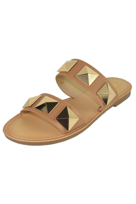 Shoes Women's Sandals Double Strap Flip Flops Slides Large Gold Studded CETUS-S Camel Tan Brown 7
