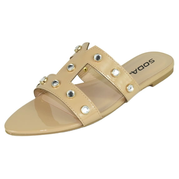 Soda Shoes Women's Sandals Double Strap Slides Rhinestone Bling Studded Open Pointed Toe YISKA-S Beige Nude Patent 8.5