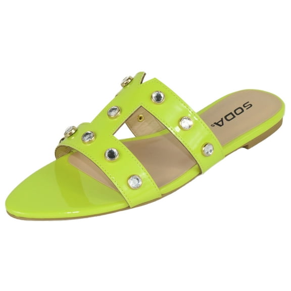 Soda Shoes Women's Sandals Double Strap Slides Rhinestone Bling Studded Open Pointed Toe YISKA-S CHRT Neon Yellow 6.5
