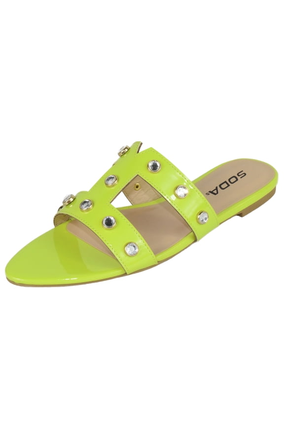 Shoes Women's Sandals Double Strap Slides Rhinestone Bling Studded Open Pointed Toe YISKA-S CHRT Neon Yellow 6.5