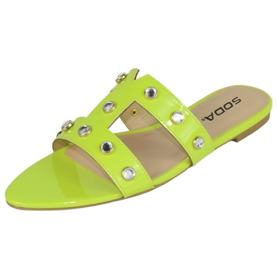 Soda Shoes Women's Sandals Double Strap Slides Rhinestone Bling Studded Open Pointed Toe YISKA-S CHRT Neon Yellow 6