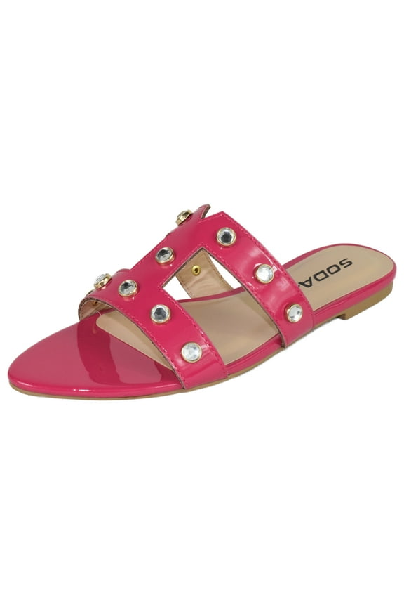 Shoes Women's Sandals Double Strap Slides Rhinestone Bling Studded Open Pointed Toe YISKA-S Hot Pink Fuchsia 8